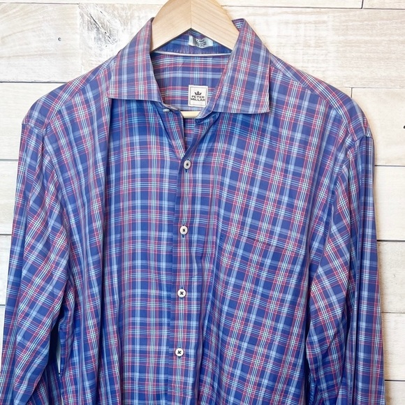 Peter Millar Plaid Button Up Shirt Mens Size Large Blue Pink Pocket - Picture 2 of 11